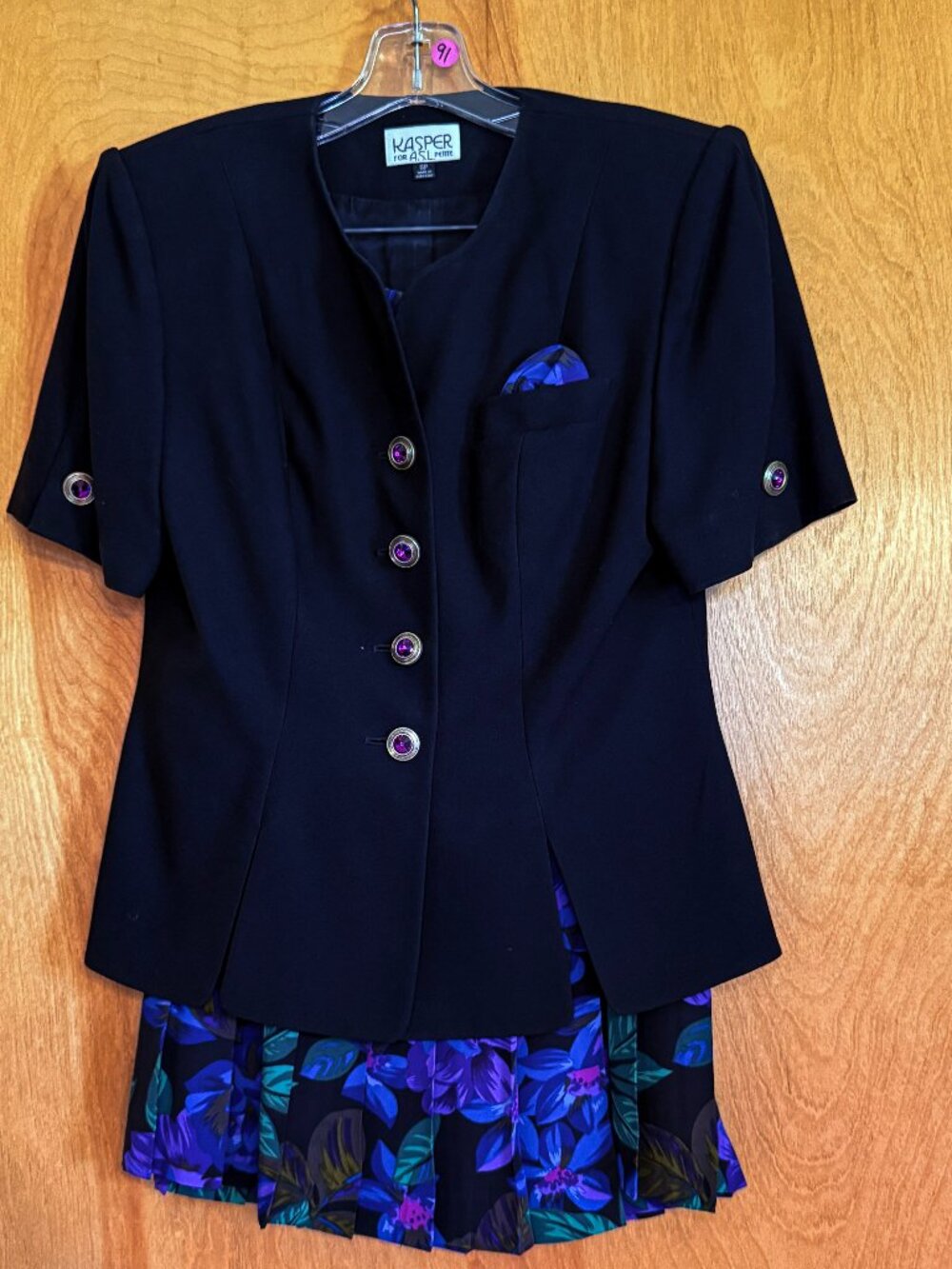 Vintage 90s Black Short Sleeve Blazer Set w/ Floral Pleated Skirt Jewel Buttons